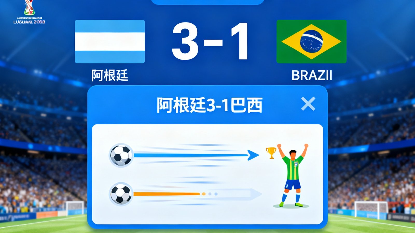 世界杯实时比分界面，进球动画弹窗，显示阿根廷3-1巴西